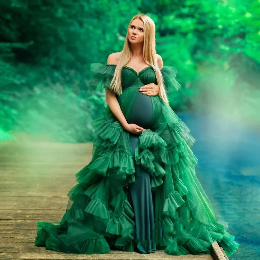 Zielona sukienka macierzyńska na sesję zdjęciową sukienki na studniówkę kochanie tiulowe falbany baby shower sukienki impreza zużycie damskie vestido de novia