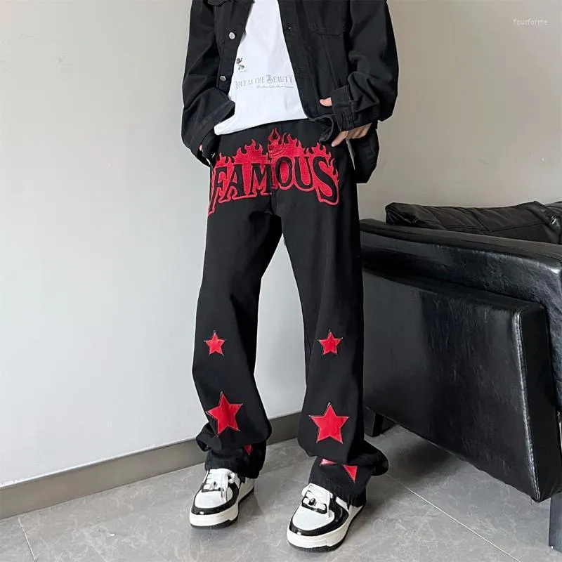 Herrjeans American Vibe Styles Patch Brevbroderi Svarta Baggy Herrbyxor Y2K Kläder Hip Hop Raka Eleganta jeansbyxor Herr