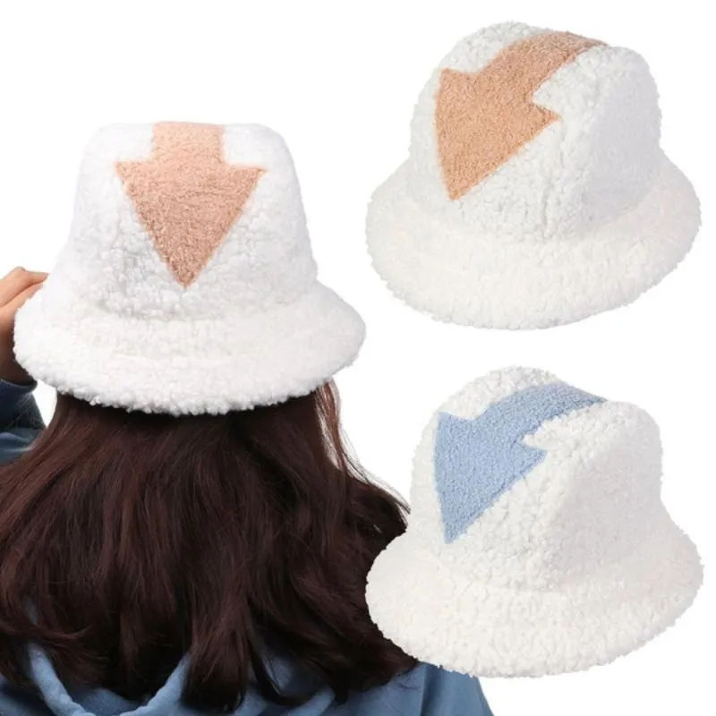 Berets 2023 Bucket Hat Lamb Wool Winter Warm Fishing Caps Faux Fur Arrow Symbol Printed Men Women Girls Flat Top Hats