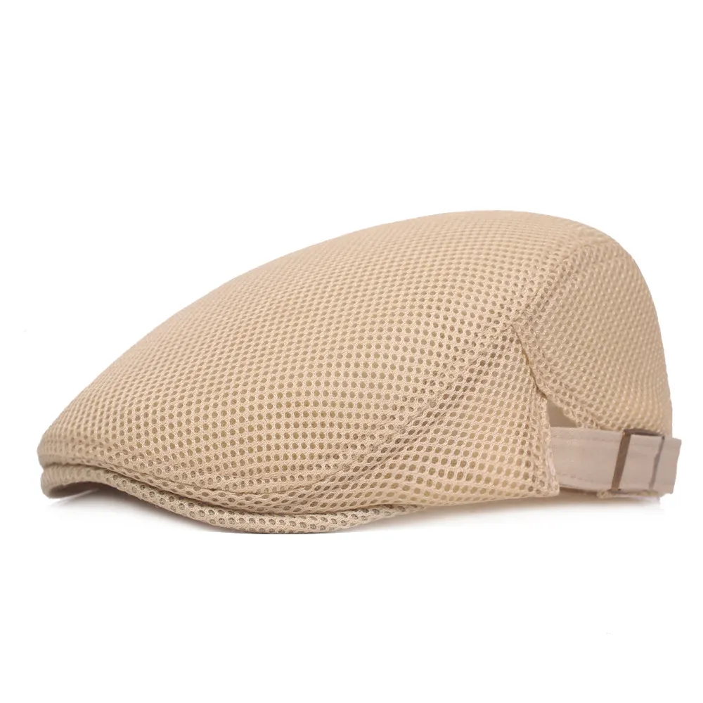 Spring Summer Men Women Casual Beret Hat Solid Color Polyester Flat Net Cap Newsboy Gatsby Hat Adjustable Breathable Mesh Caps