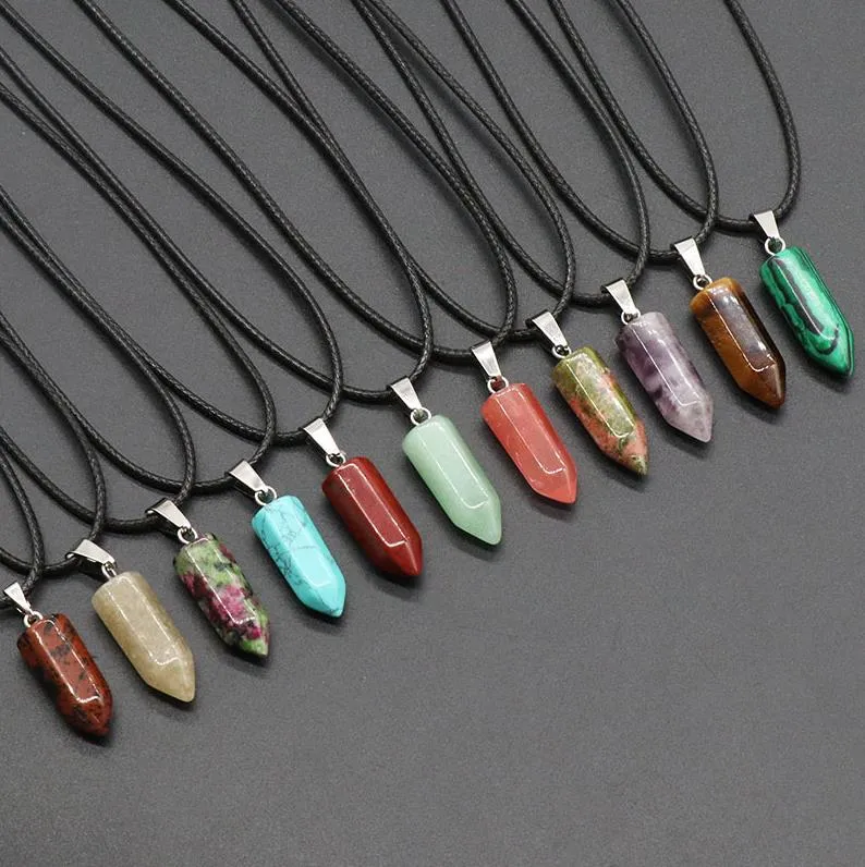 Naturel Stone Reiki Collier Healing Heexagonal Bullet Opal Améthyste Quartz Rose Crystal Pink Chakra Pendulum Collier