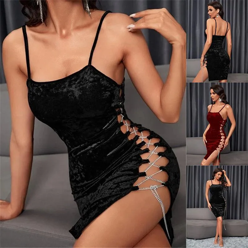 Casual Kleider 2022 Gold Samt Enge Side Lace Up Dress Sexy Suspender Rock