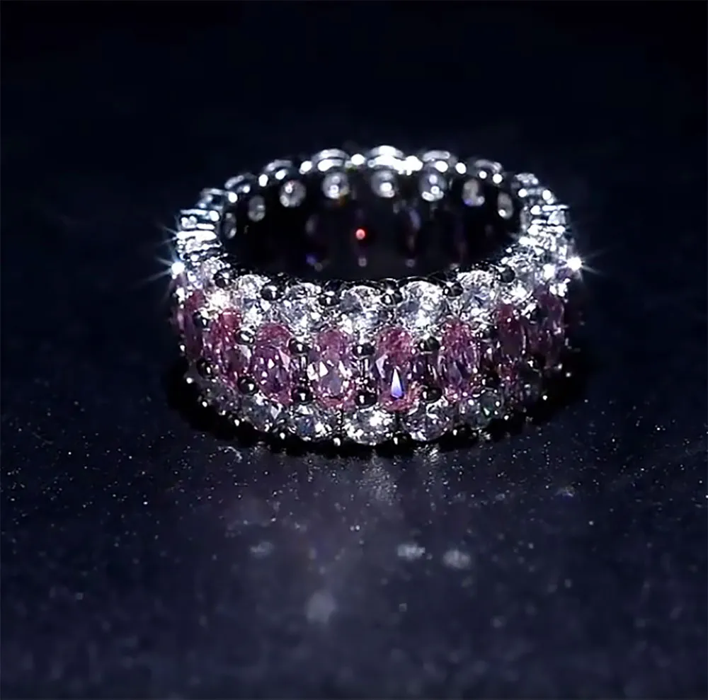 Iced Out 360 Eternity Silver Pink Bling Ring