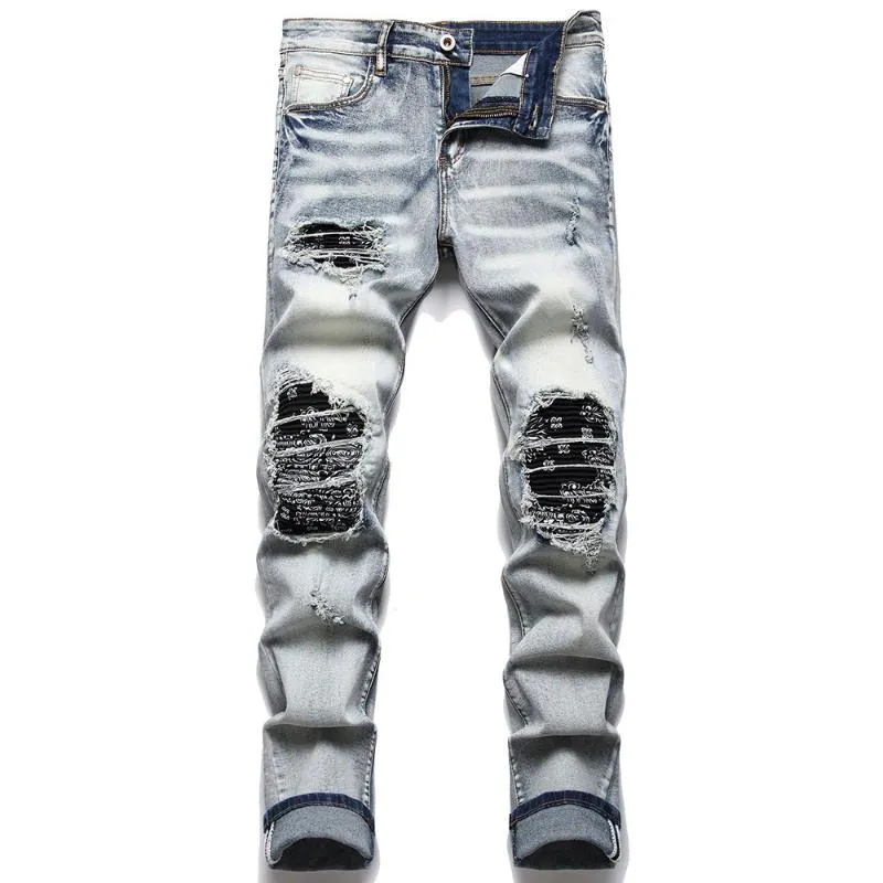 Herr jeans män paisley bandana tryck patch streetwear lapptäcken hål rippade stretch denim byxor smala raka cyklistbyxor