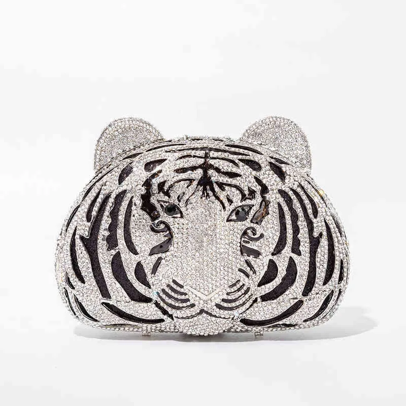 حقيبة مسائية Three D Tiger Head Crystal Clutch Bag لحفل الزفاف المعدني لمحفظة الجدة وحقائب اليد المصمم الفاخرة 220622