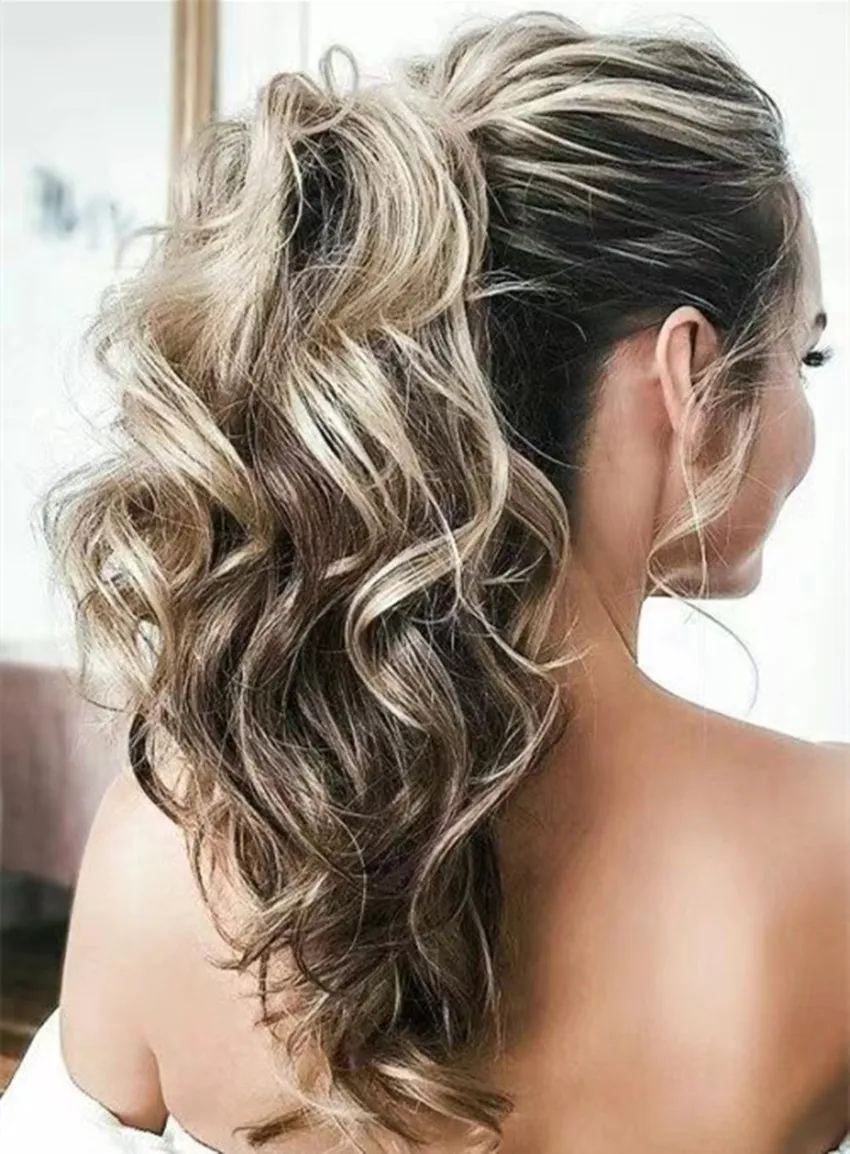 Kobiety dziewczyny site włosy przedłużenie kucyka srebrna szara body fala sznurka ludzkie włosy kucyki klips w prawdziwych rozszerzeniach włosów