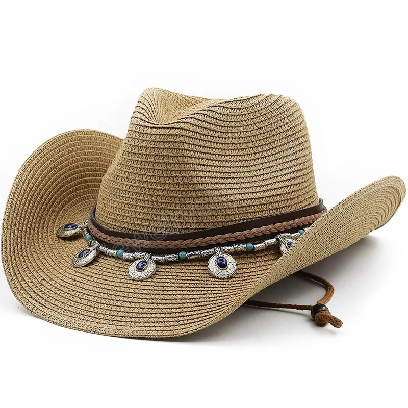 Summer Solid Outdoor Coppie Cappelli da spiaggia per uomini e donne Cappello da sole da viaggio Visiera da donna Cappelli di paglia da cowboy occidentali