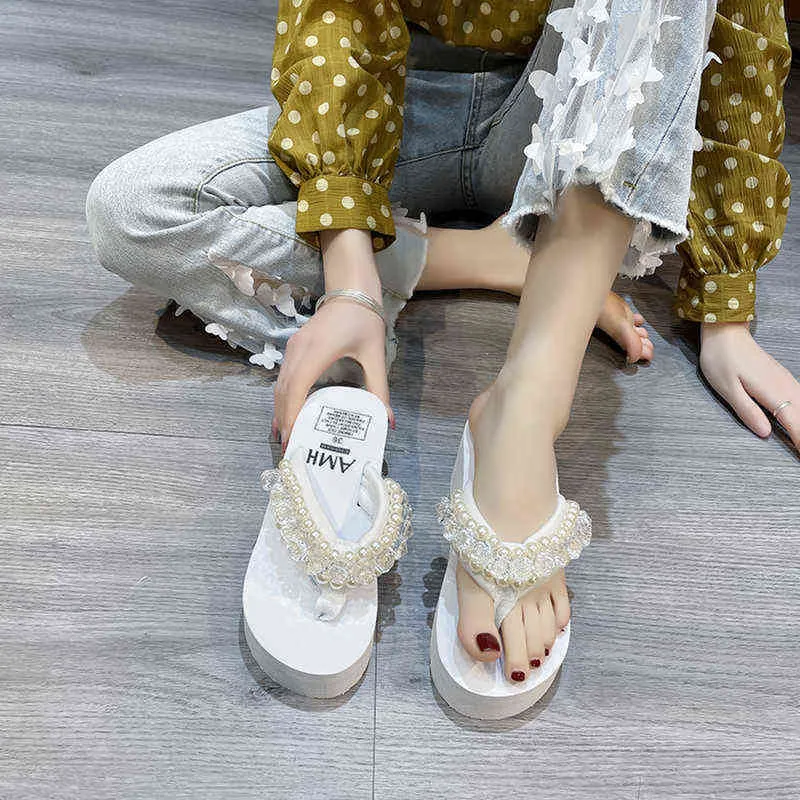 Tofflor Platform Flats Woman Flip Flops Pearl Mesh Slingback Sandaler Summer Shoes Clip-Toe Fashion Slides Mujer 220530