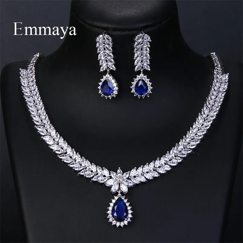 Emmaya Luxury AAA Cubic Zircon 4 Colors Water Drop Wedding Earrings Necklace For Women Bridal Jewelry Sets Party Accessories 220812