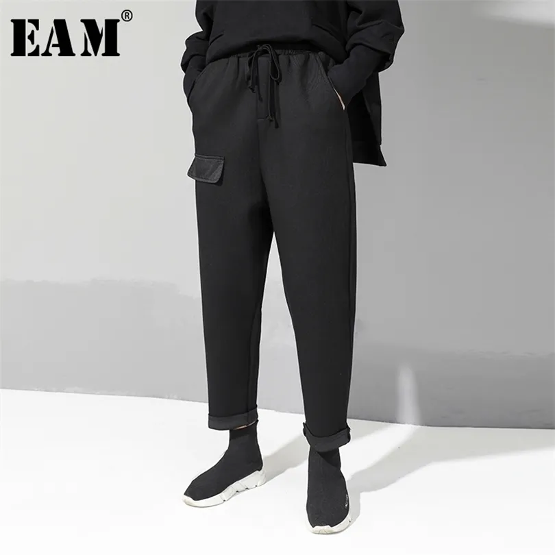 [EAM] 새로운 봄 가을 높은 탄성 허리 느슨한 포켓 분할 조인트 느슨한 하렘 바지 여성 바지 패션 JX5080 201012