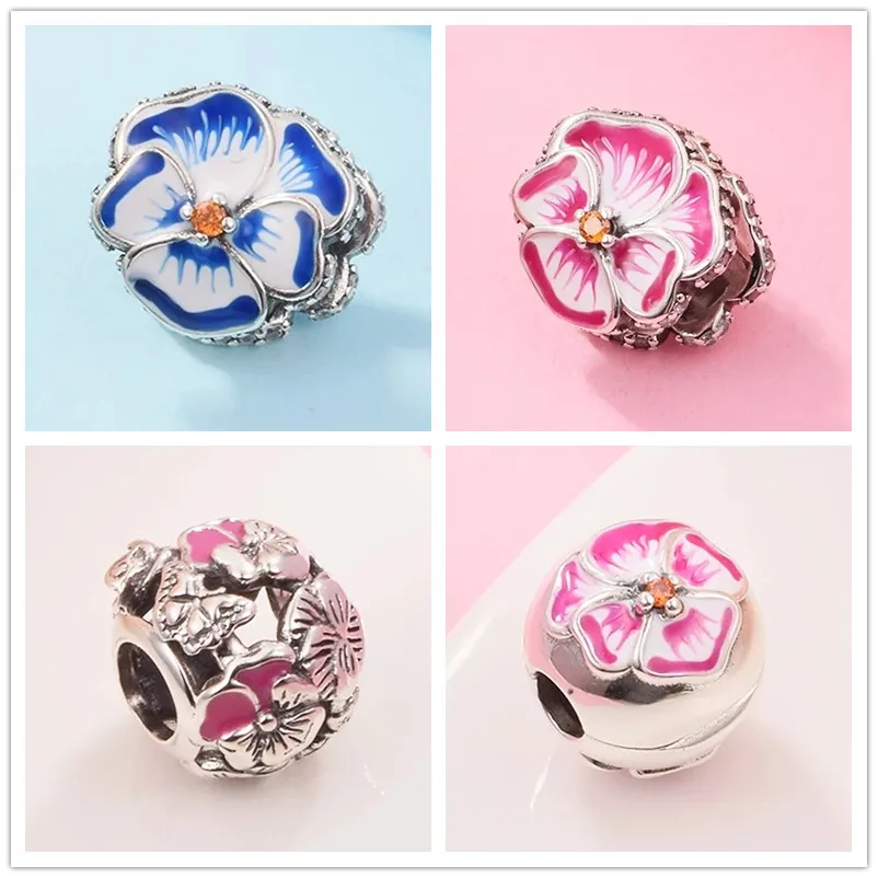 2022スプリングシルバービーズパンジーフラワーチャームフィットPandora CharmsブレスレットDIY用ジュエリー製造緩いビーズブレスレットギフト790777C01 790777C02 790759C01 790772C01