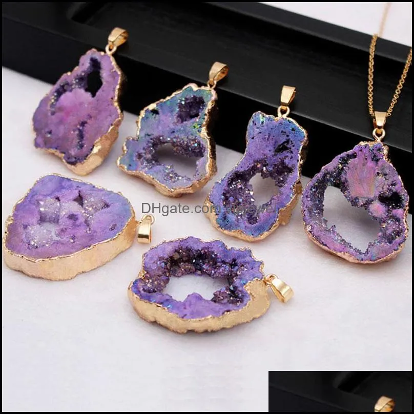 irregular gold plated crystal agates natural stone pendant necklaces with chain for men women fashion jewelry