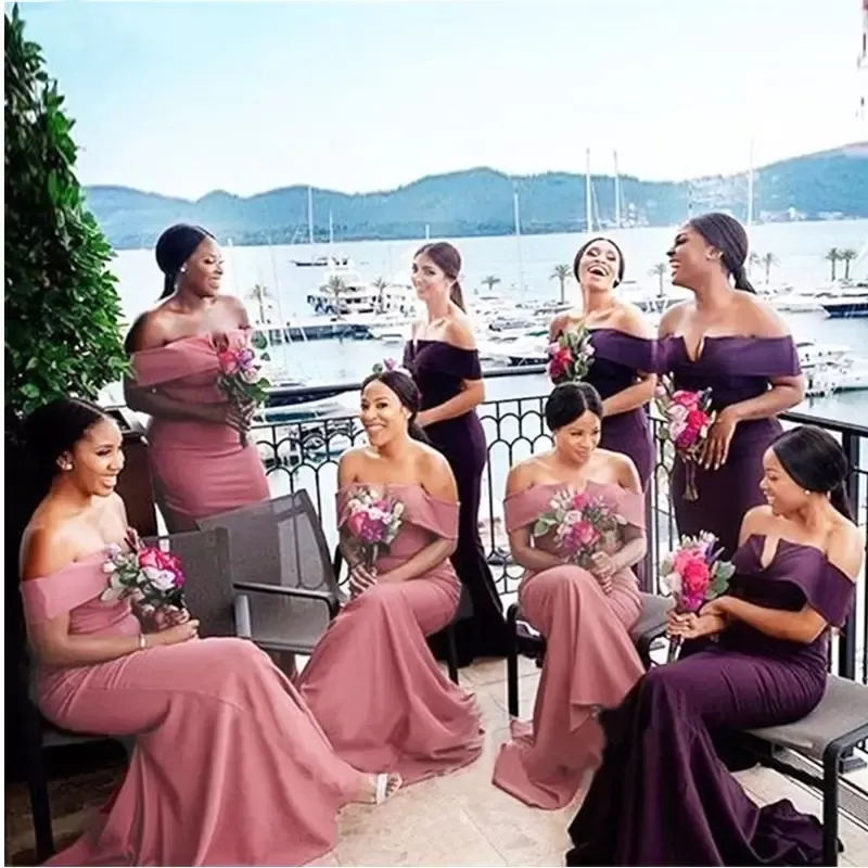 2022 Dusty Pink Purple Bridesmaid Dresses Mermaid Plus Size African Off the Shoulder Custom Made Chiffon Flound Length Maid of Honor Gown 401 401