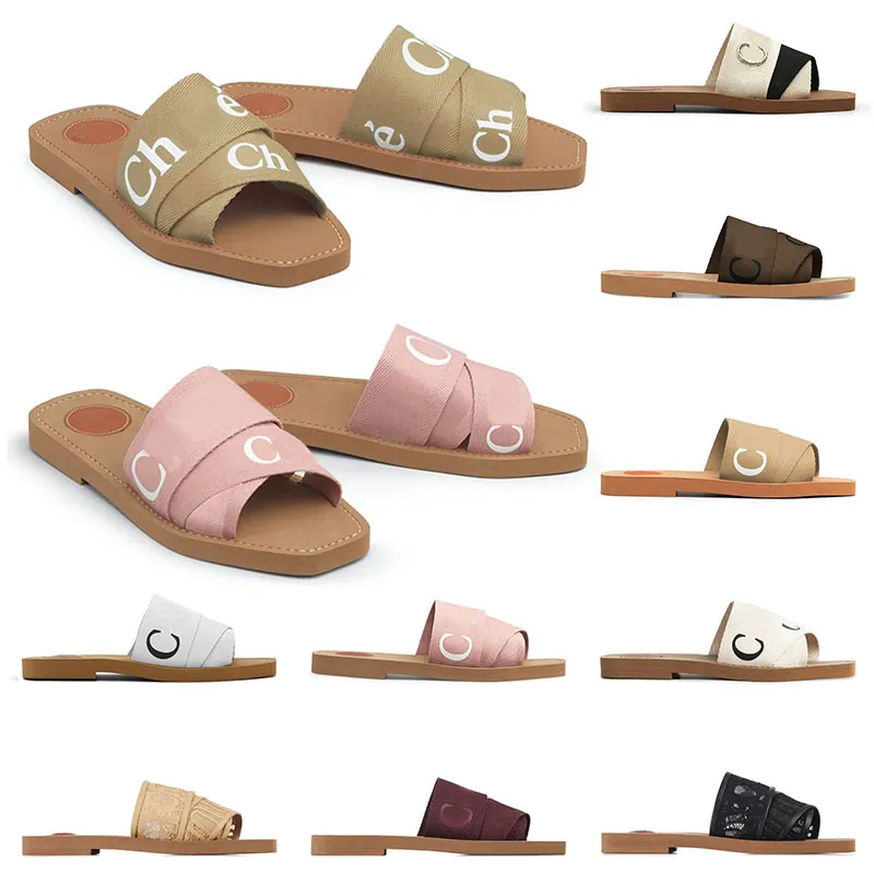 designer Women canvas slippers Woody sandals Mules flat slides Light tan beige white black pink lace Lettering Fabric womens summer shoes