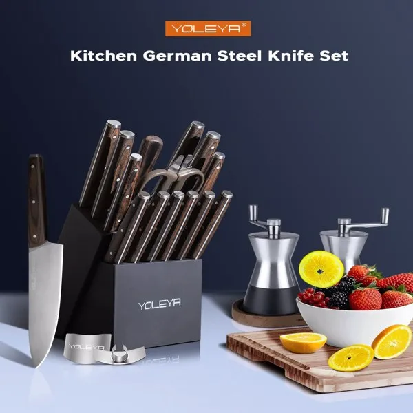 Küchenmesser-Set, 15-teiliges Kochmesser-Set mit dreifach genietetem Holzblock, deutsches Full-Tang-Messer mit hohem Kohlenstoffgehalt und klassischem Stil