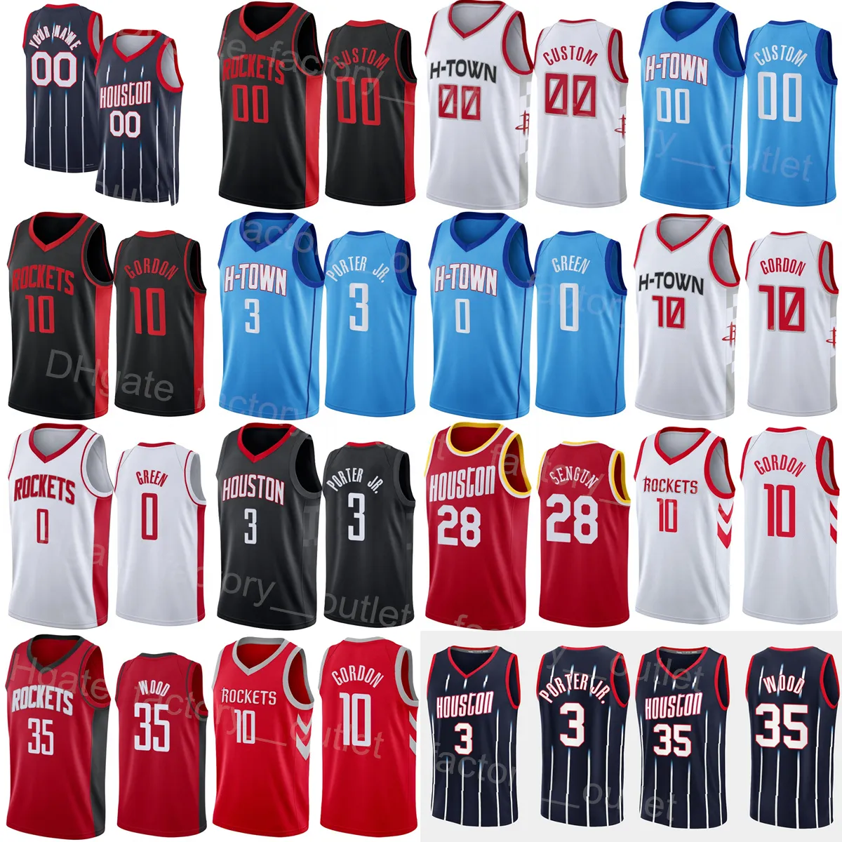 Maillot de basket-ball sérigraphié Christian Wood 35 Eric Gordon 10 Kevin Porter Jr 3 Jalen Green 0 JaeSean Tate 8 Alperen Sengun 28 DJ Augustin 14 Rouge Blanc Noir Bleu