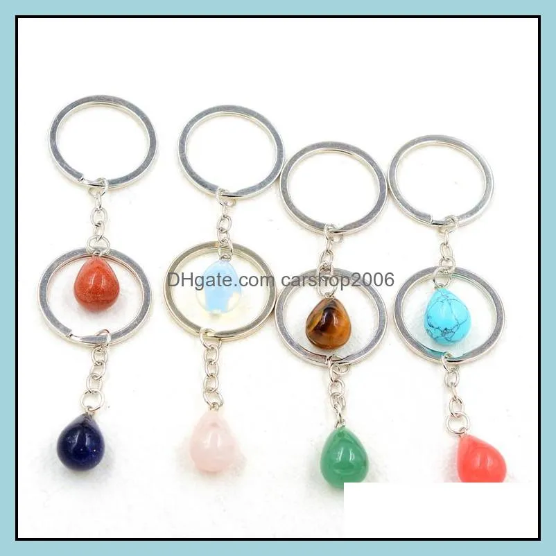 fashion waterdrop natural stone pendant keychain natural quartz stone key rings pink crystal key chains accessories