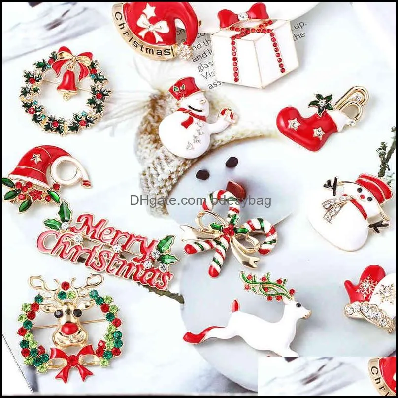 Pinos broches j￳ias de j￳ias inteiras 10pcs ￁rvore Papai Noel ELK Crystal Snowman Meias Lollipop Metal Lapel Gream de Natal para menina Drop Deliver