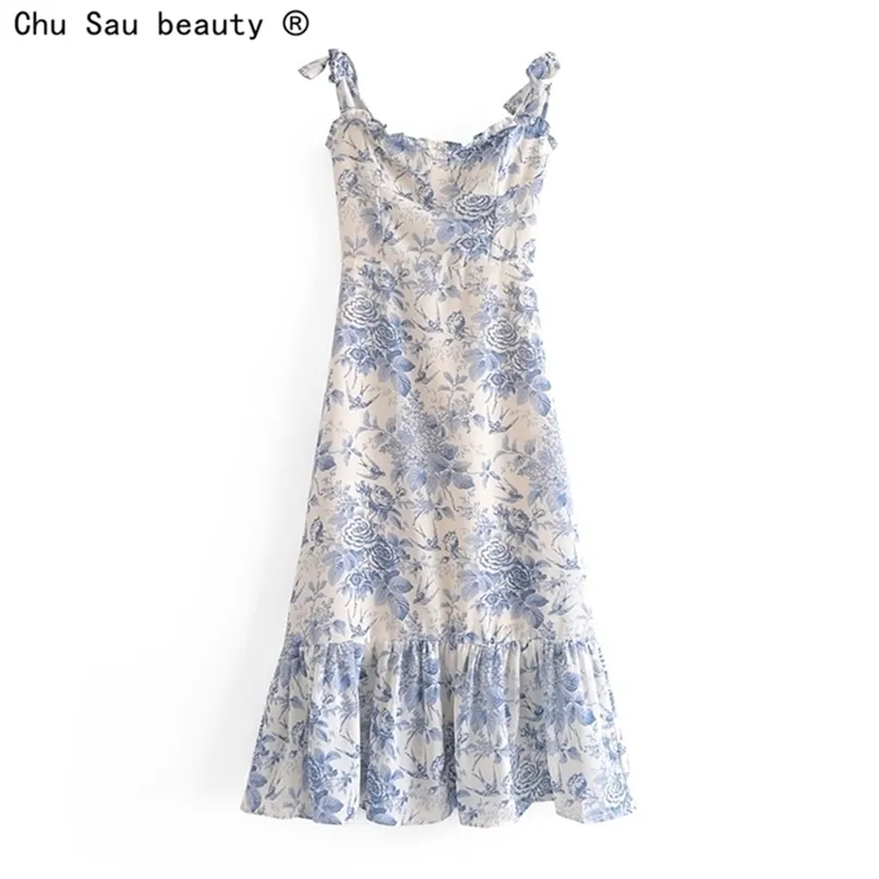 Summer Lace Up Bowknot Spaghetti Strap High Waist French Vintage Printed Ruffle Camisole Dress Female Fashion 220406