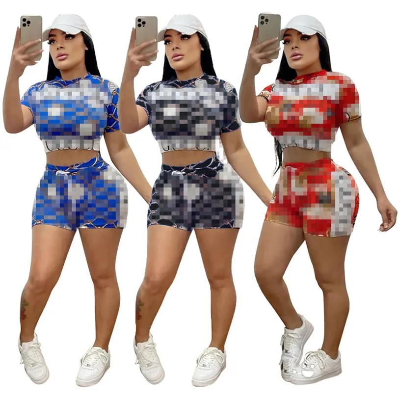 Summer Shorts Outfits Women Two Piece Set Brand Tracksuits Sexig Crop T Shirt Short Pants Jogger Sport kostym Fashion Letter Print O-Neck K236