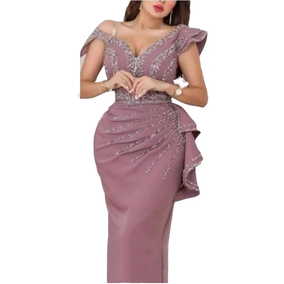 2022 Dusty Pink Scollo a V Abiti da sera dritti Indossare lunghi caftano mariage Cristalli Perline Abiti da ballo Vestidos Formales Dubai Abito con spalle scoperte Lunghezza del pavimento