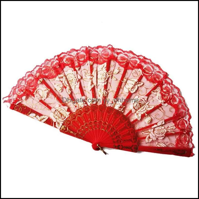 Lace Dance Fan Fashion Gift Rose Flower Design Plastic Frame Bronzing Silk Decoration Chinese Craft Folding Fans Holiday Gifts