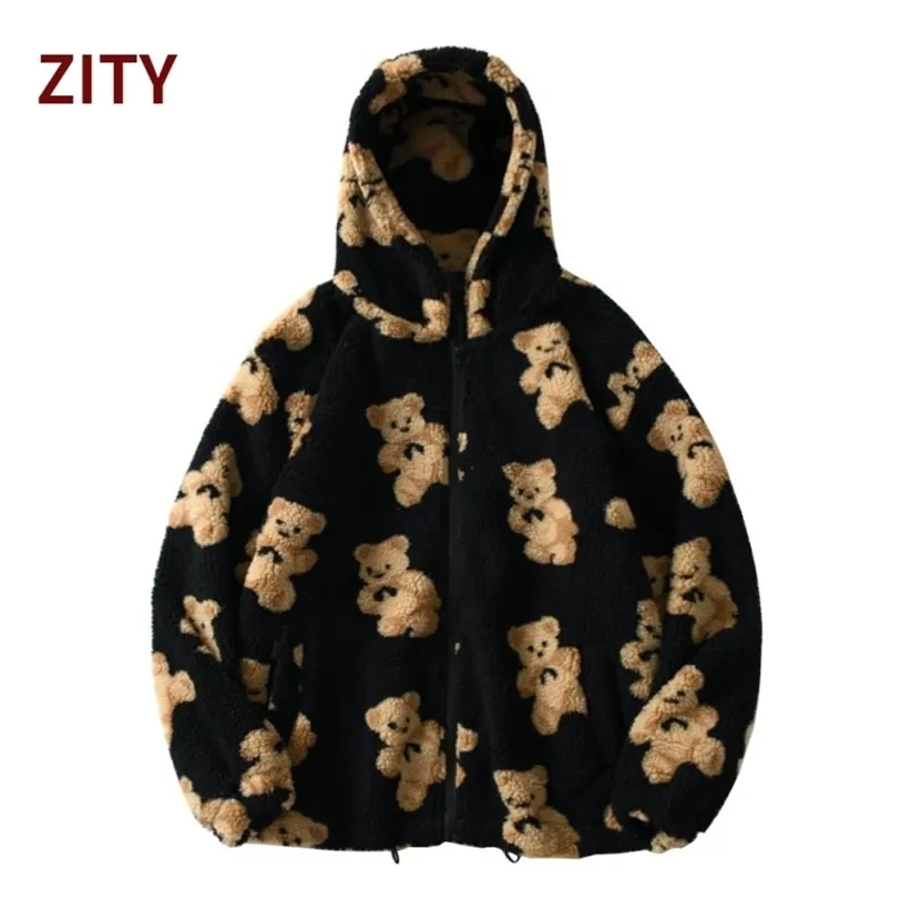 Cartoon Bear Fleece Hooded Jacket Casual Oversized Hoodie Female Zip Up Sweatshirt Teddy Coat Warm Hoodies Couple Clothes 220324