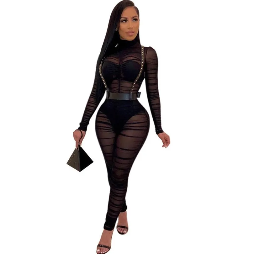 2019 New Long Sleeve Black Sexy Bodycon Jumpsuit for Women Mesh See Through Skinny Rompers Female Draped Going Out Club Overalls T200107