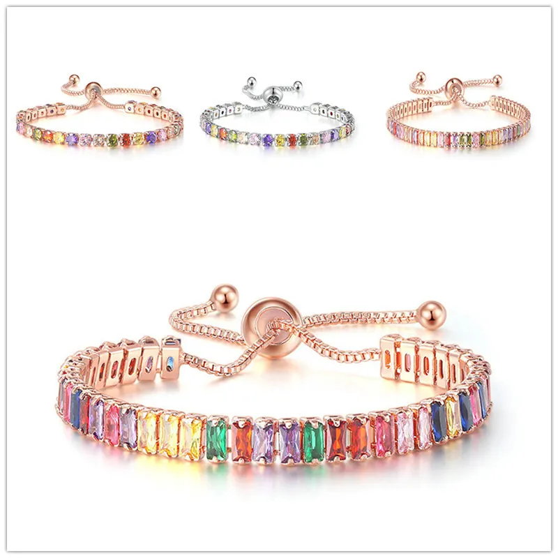 Ajustável pulseiras de tênis multicolor para mulheres senhoras casamento arco-íris colorido zircão charme pulseira hand chain jóias dzh045