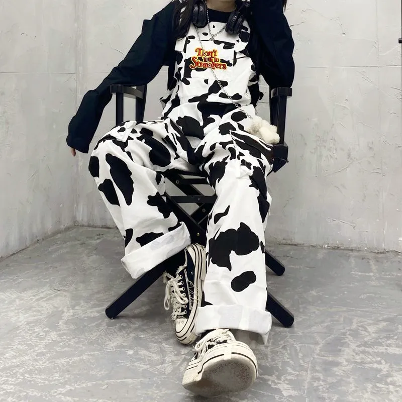 Women's Plus Size Jumpsuits Rompers Street Hiphop Harajuku Girl Cow Print Oneies For Women Black White Plaid Overalls Casual Jumpsuit Trousers Baggy Pants L220826