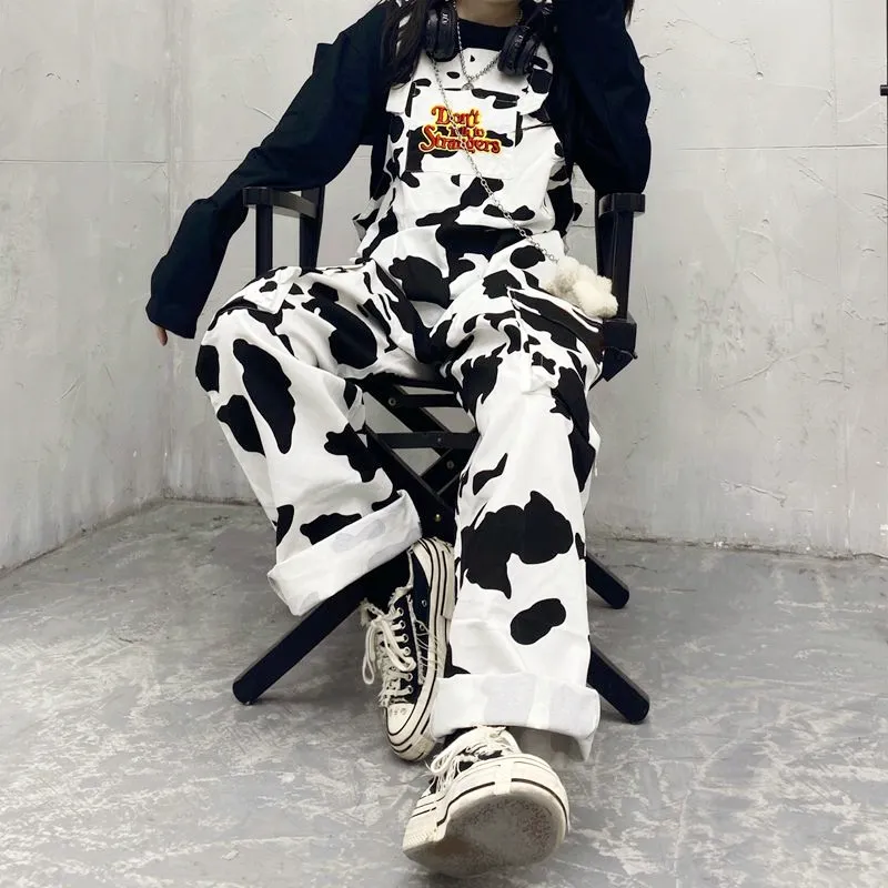 Женские комбинезоны для женских комбинезонов улицы Hiphop Harajuku Girl Cow Print Один из них для женщин Черно -белый клетчатый комбинезон. Случайные брюки для комбинезона мешковатые брюки L220826