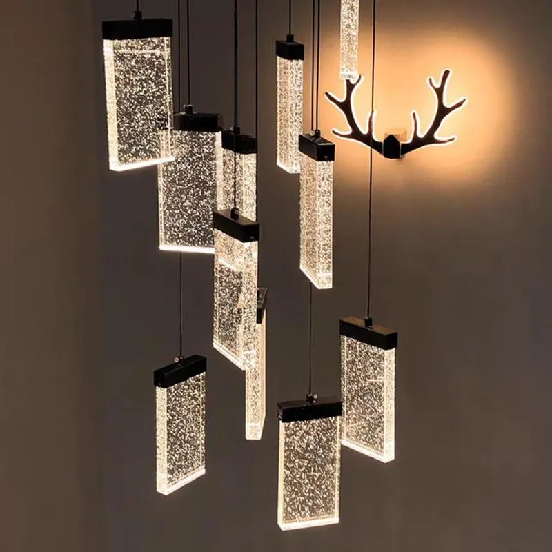 Lâmpadas pendentes de lustre moderno lustre ledeiro preto duplex sótão sala de estar de escada quadrada hall de cristal hall de iluminação interna Pingente