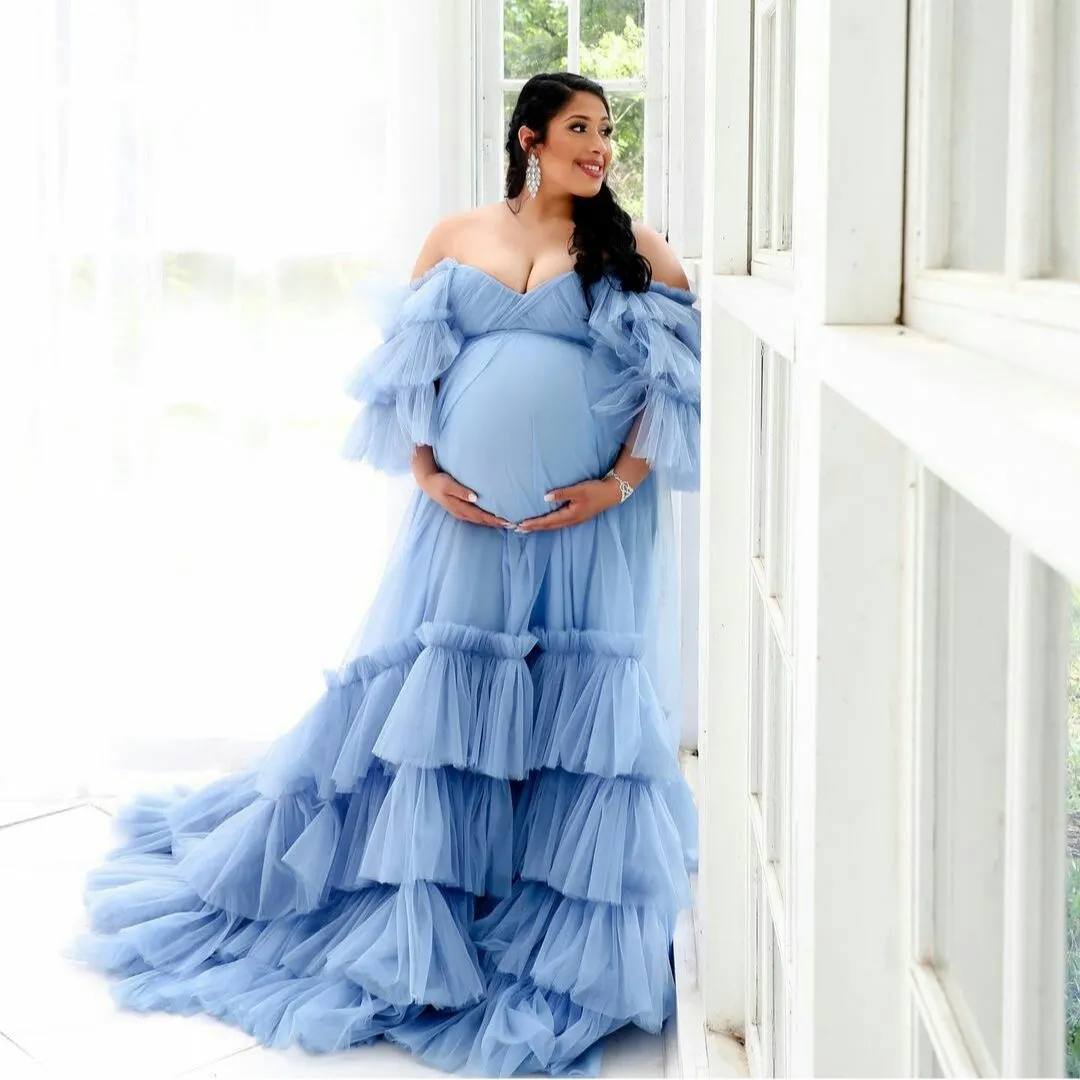 Robes de bal de maternité bleues pour la photographie chérie jupes à plusieurs niveaux robe de maternité Photoshoot tenue Maxi robes grossesse