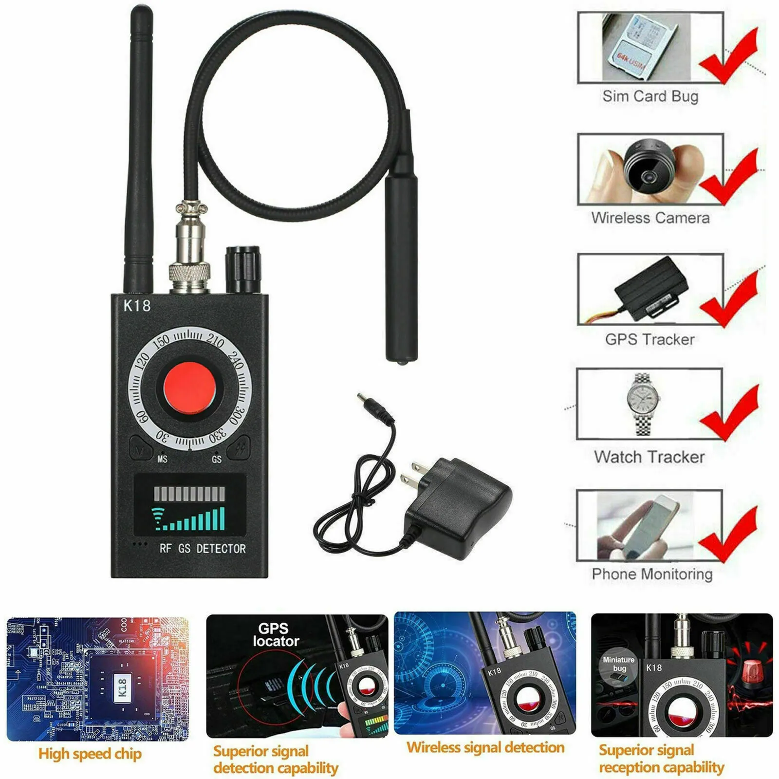 K18 1MHZ-6.5GHz RFトラッカー隠されたカメラアンチスパイ検出器GPS GSMオーディオファインダーバグ信号スキャナーツールキット