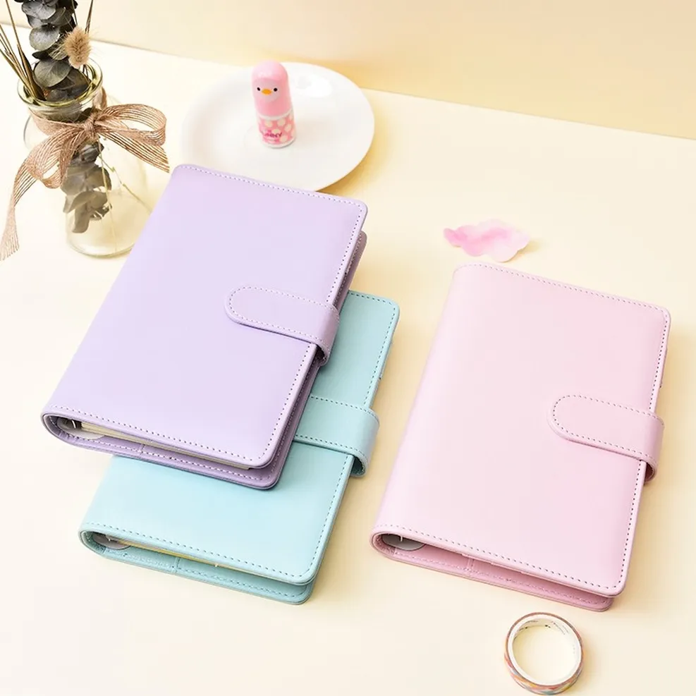 Macaron Color A5 A6 6 Ring Binder Pu Clip-On Notebook Leather Loose Leaf Notebook Cover Notebooks Journal Kawaii Stationery Sxjun8