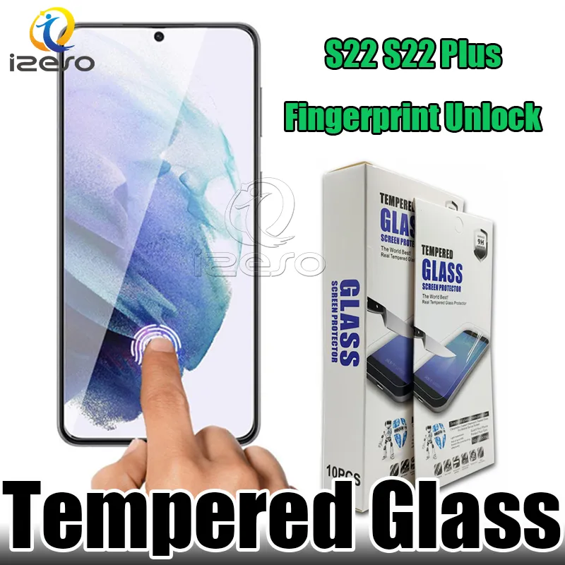 Fingeravtryck Lås upp härdat glas för Samsung S24 S23 Ultra S22 S21 Plus Clear Screen Protector 2.5D HD Clear Front Protective Film med detaljhandelsförpackningar izeso