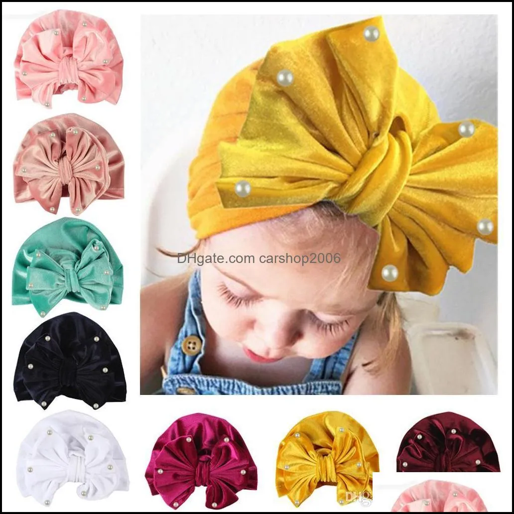 Beanie/skl caps chapé os chapéus luvas de moda Acessórios de moda Novos filhos Golden Veet Pearl Hat com Big Bow Princess Baby Girl Turban He