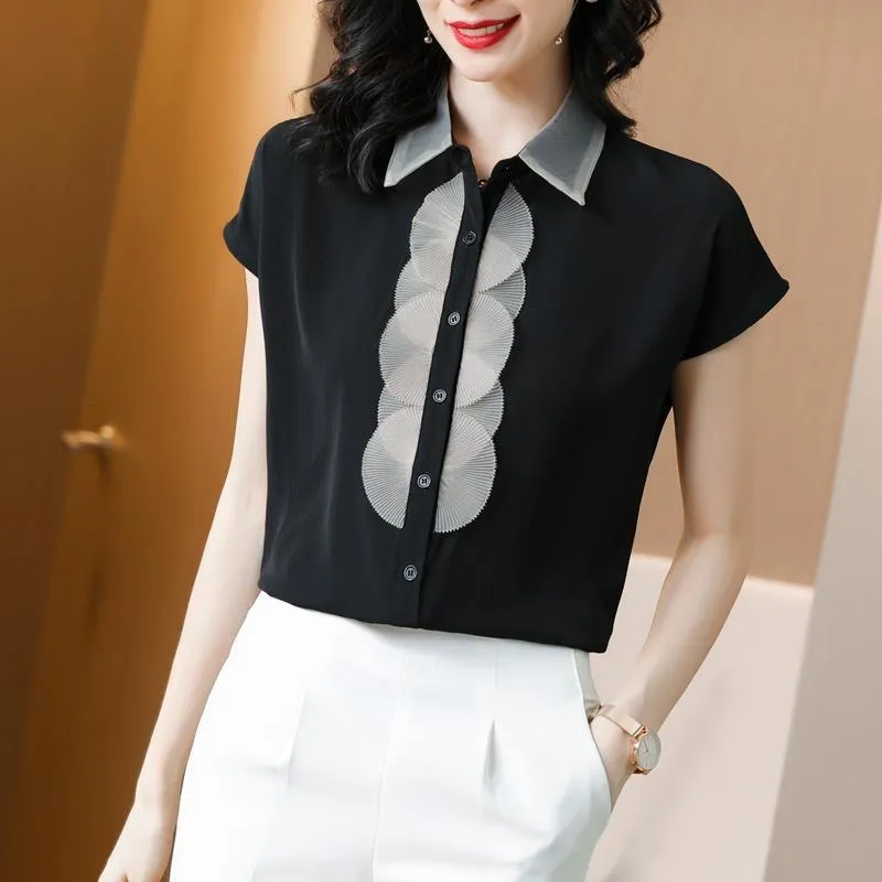 Women's Blouses & Shirts Fashion Lapel Spliced Gauze Oversized Button Chiffon Shirt 2022 Summer Casual Tops Elegant Women's Clothing Com