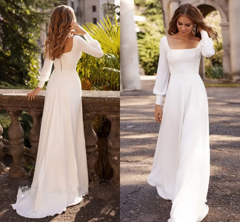 Modest A Line Dress Bride With Long Sleeves And Square Neckline For Women  Customizable Marriage Vestido De Noiva From Donnaweddingdress12, $82.32