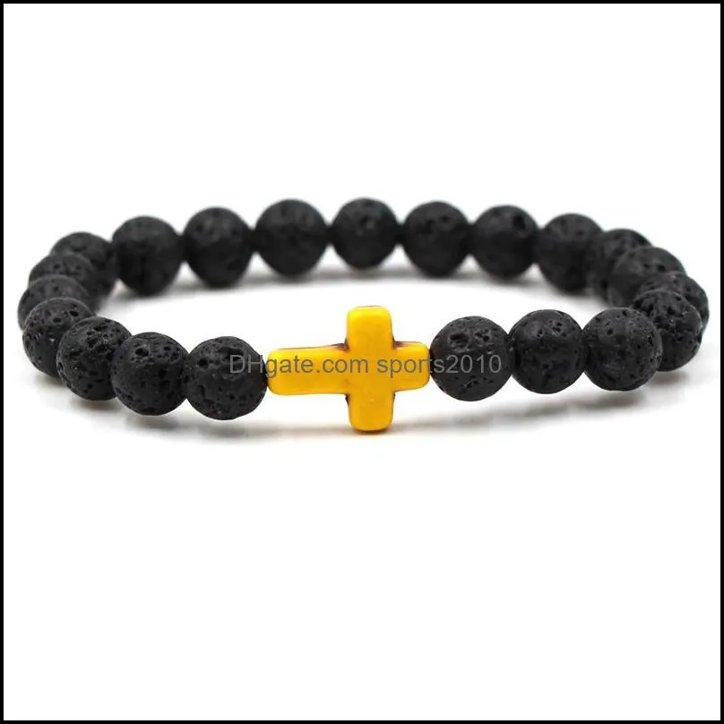 8mm black lava stone beads cross elastic strand bracelet bangle for women men jewelry sports2010