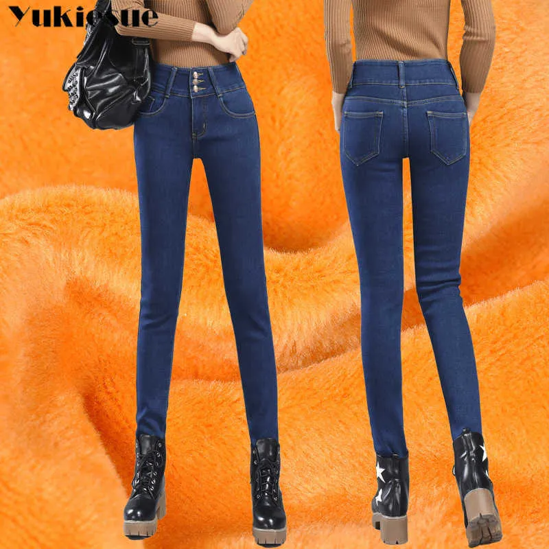 Mulher jeans preto para mulheres calças de lã quente com cintura alta as calças de jeans de inverno feminino e magro de inverno