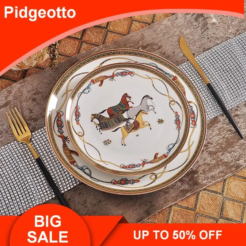 Pratos pratos jantar luxo guerra cavalo osso china louça conjunto festa real porcelana prato ocidental prato decoração para casa wedding299l