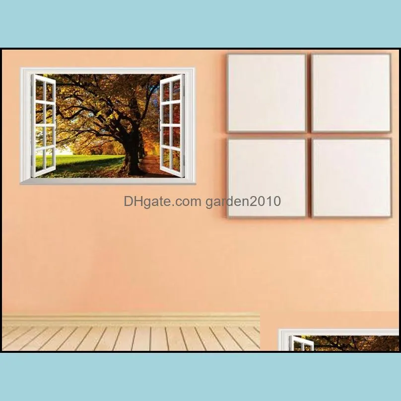 fall trees view 3d window wall stickers rurality removable creative decal art home room mural decor fake windows big tree walls