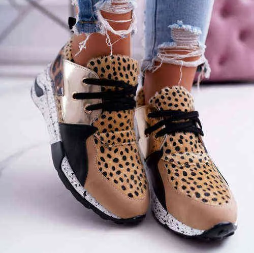 2020 Novos Sapatos Casuais Femininos Respiráveis Tênis Femininos com Estampa de Leopardo Tênis de Pele Sintética com Cadarço Plataforma Esportes Tênis Feminino G220629