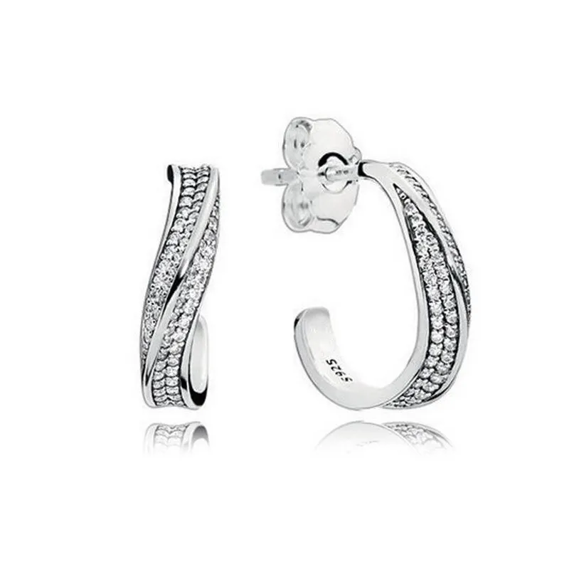 Brincos de casamento de onda de onda de diamantes CZ espumantes com presente de casamento feminino com caixa original para Pandora 925 Brincos de argola de prata esterlina