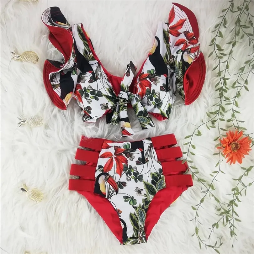 High Waist Bikini 2021 Ruffle Swimwear Women Print Sexy Swimsuit Push Up Bikinis Plus Size Bathing Suits Bow Beach Wear 210305