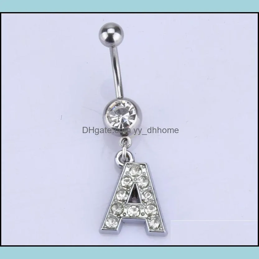 26 Inital letters Charming Body Piercing Crystal Rhinestone Inlaid Navel Belly Button Ring stainless steel Jewelry