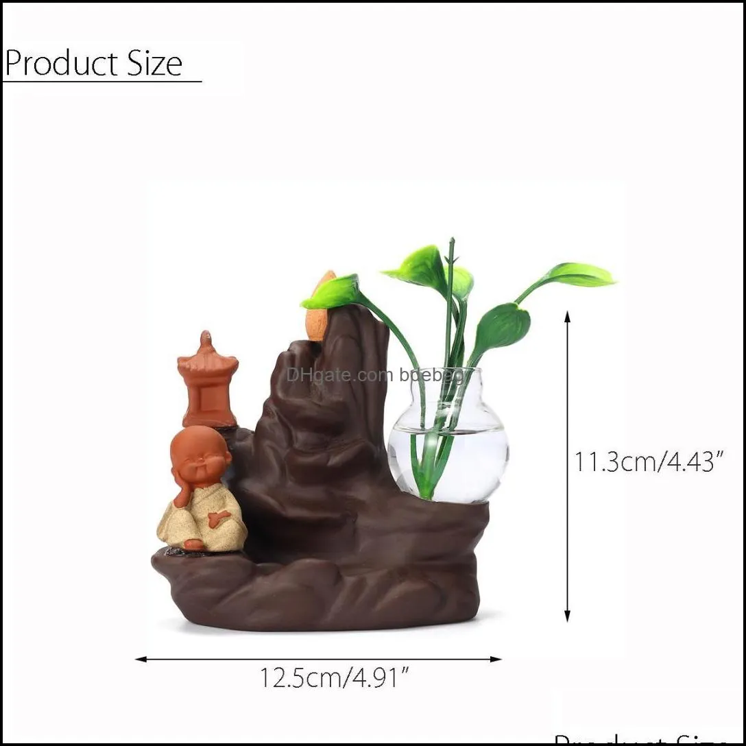 Backflow Incense Burner Holder Ceramic Little Monk Small Buddha Waterfall Sandalwood Censer Creatives Home Decor with 10 Cones