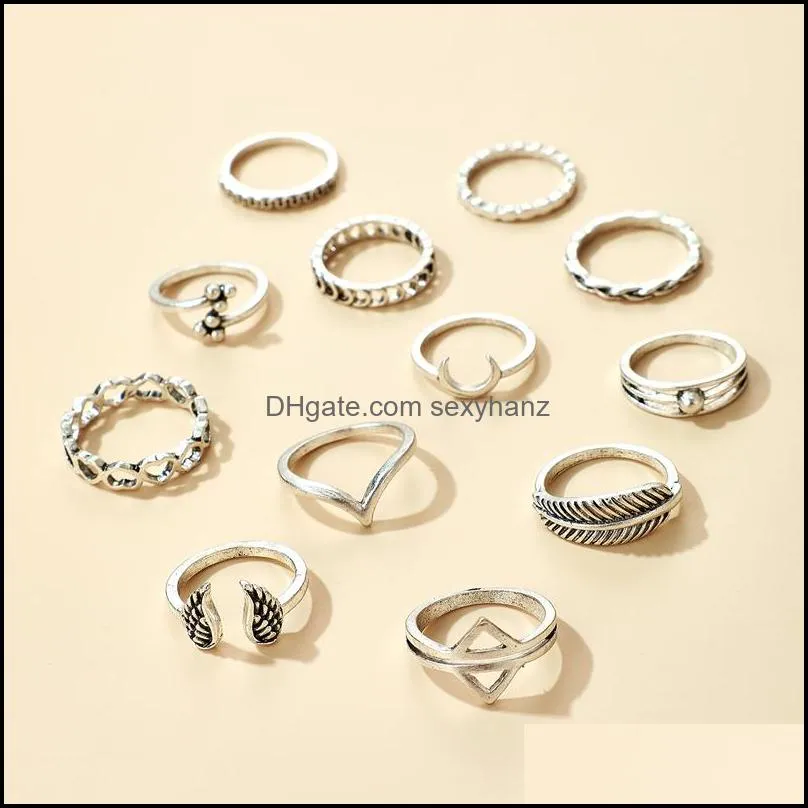 12pcs/sets vintage band rings silver color heart joint for women charm moon leaf wing geometric wedding ring jewelry