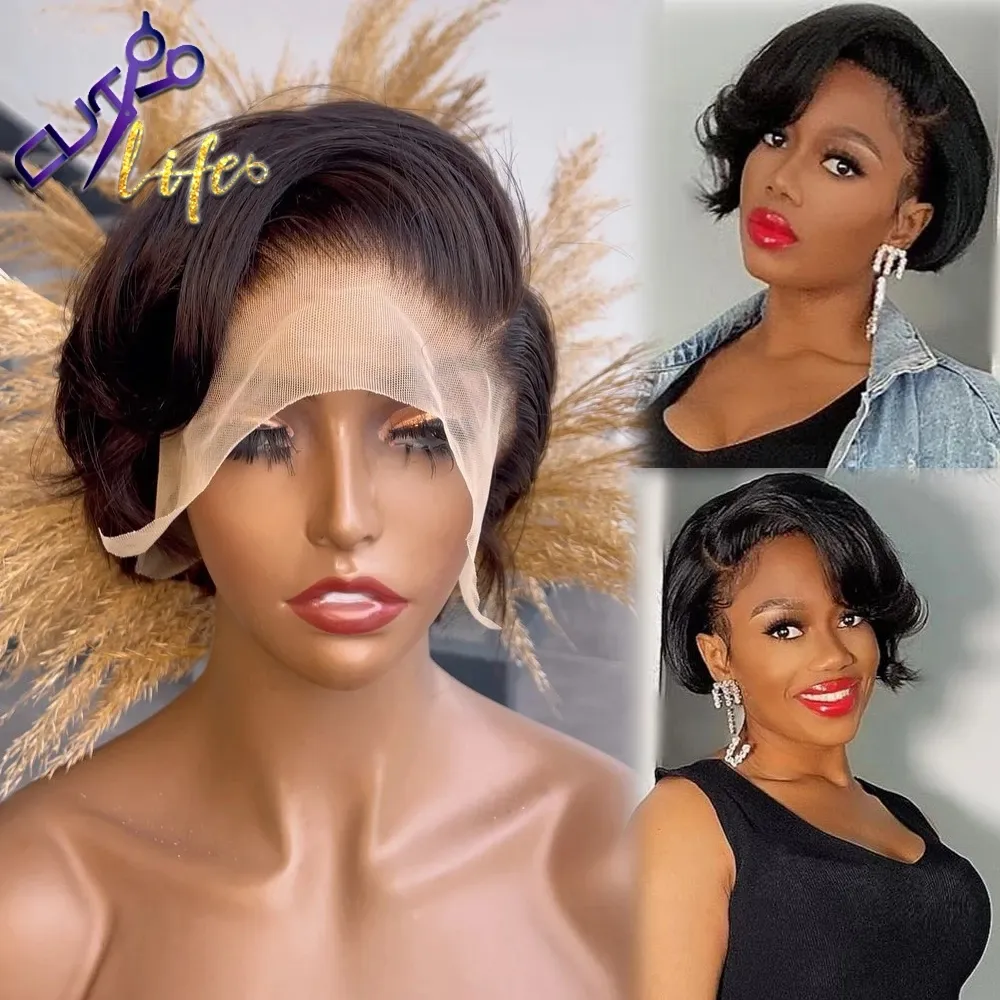 Short Pixie Cut Lace Frontal Wig Natutral Black Wavy Bob Wig Human Hair Wigs For Women Remy Pre Plucked Glueless